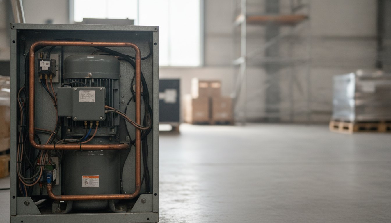 Técnico de manutenção inspecionando o motor de um expositor refrigerado nos bastidores de um pavilhão.