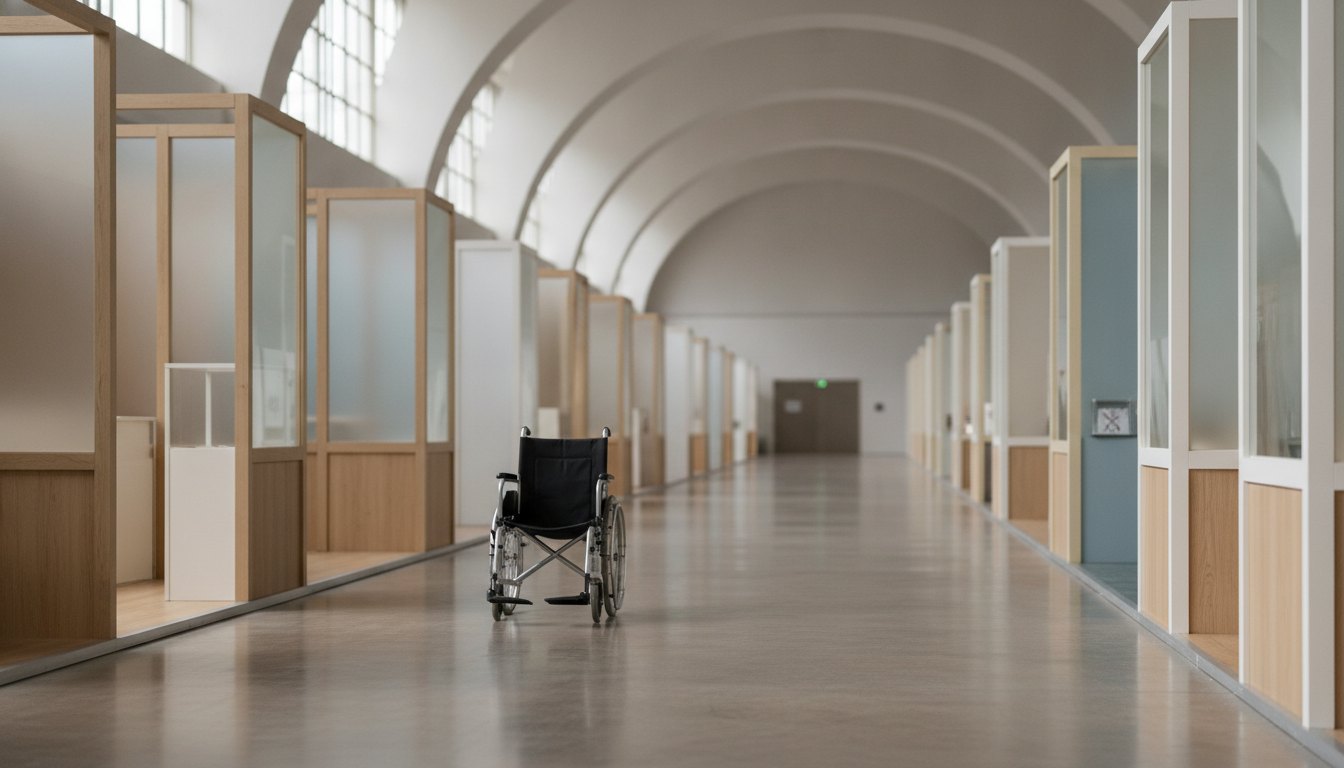Cadeirante percorrendo um corredor amplo e nivelado entre estandes de um pavilhão de exposições.