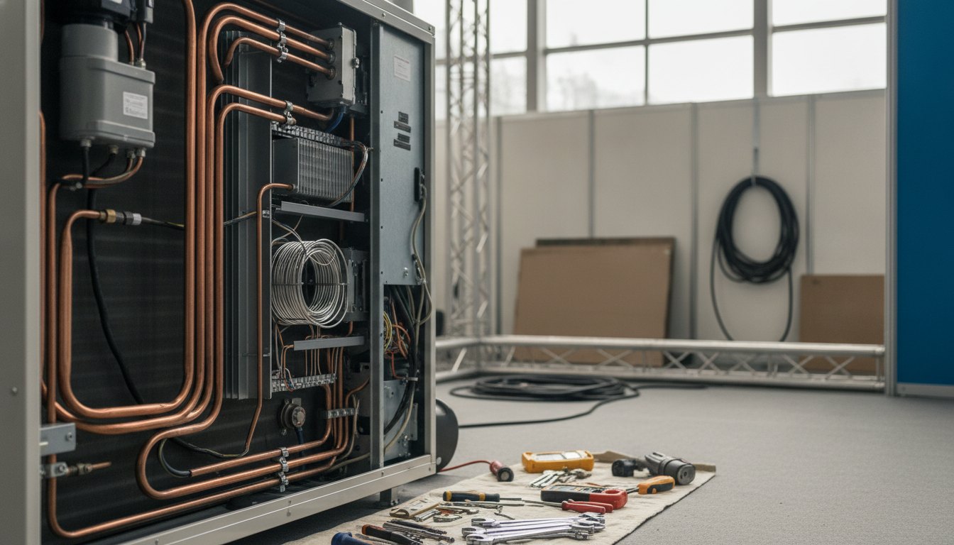 Técnicos inspecionam componentes internos de um equipamento de ar-condicionado nos bastidores de um estande.