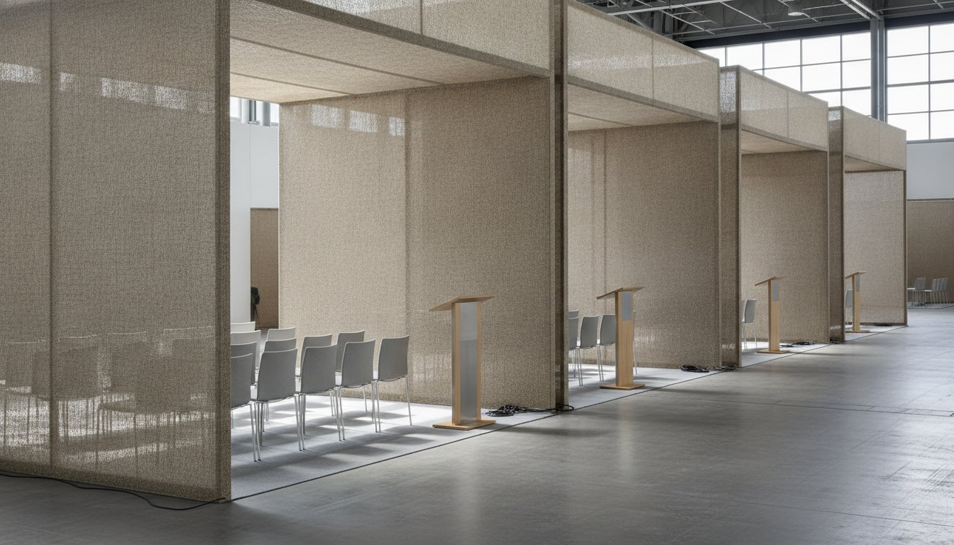 Auditórios abertos lado a lado em pavilhão separados por biombos modulares de tecido grosso.