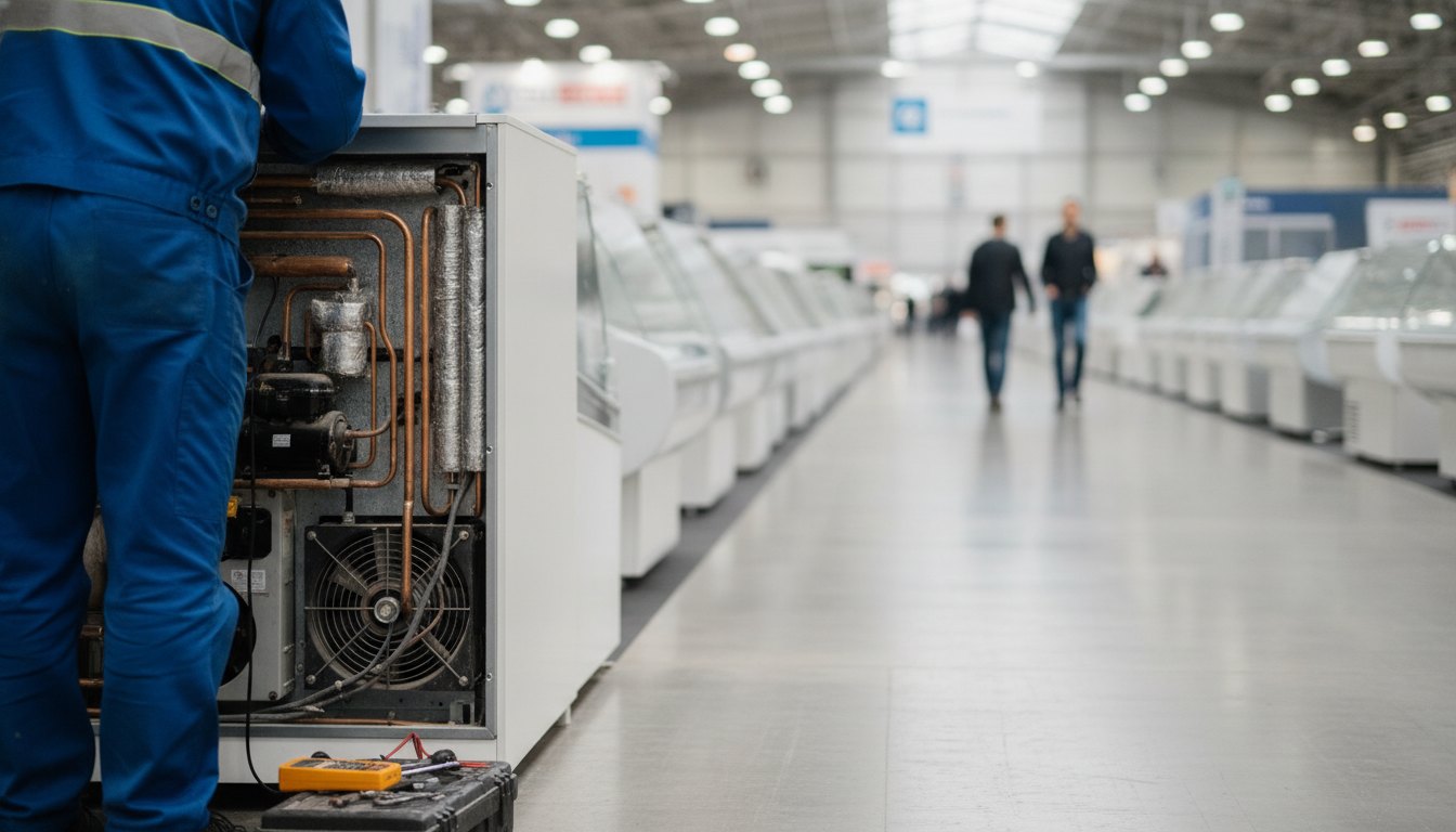 Técnico inspecionando o painel traseiro de um expositor refrigerado no corredor de um pavilhão