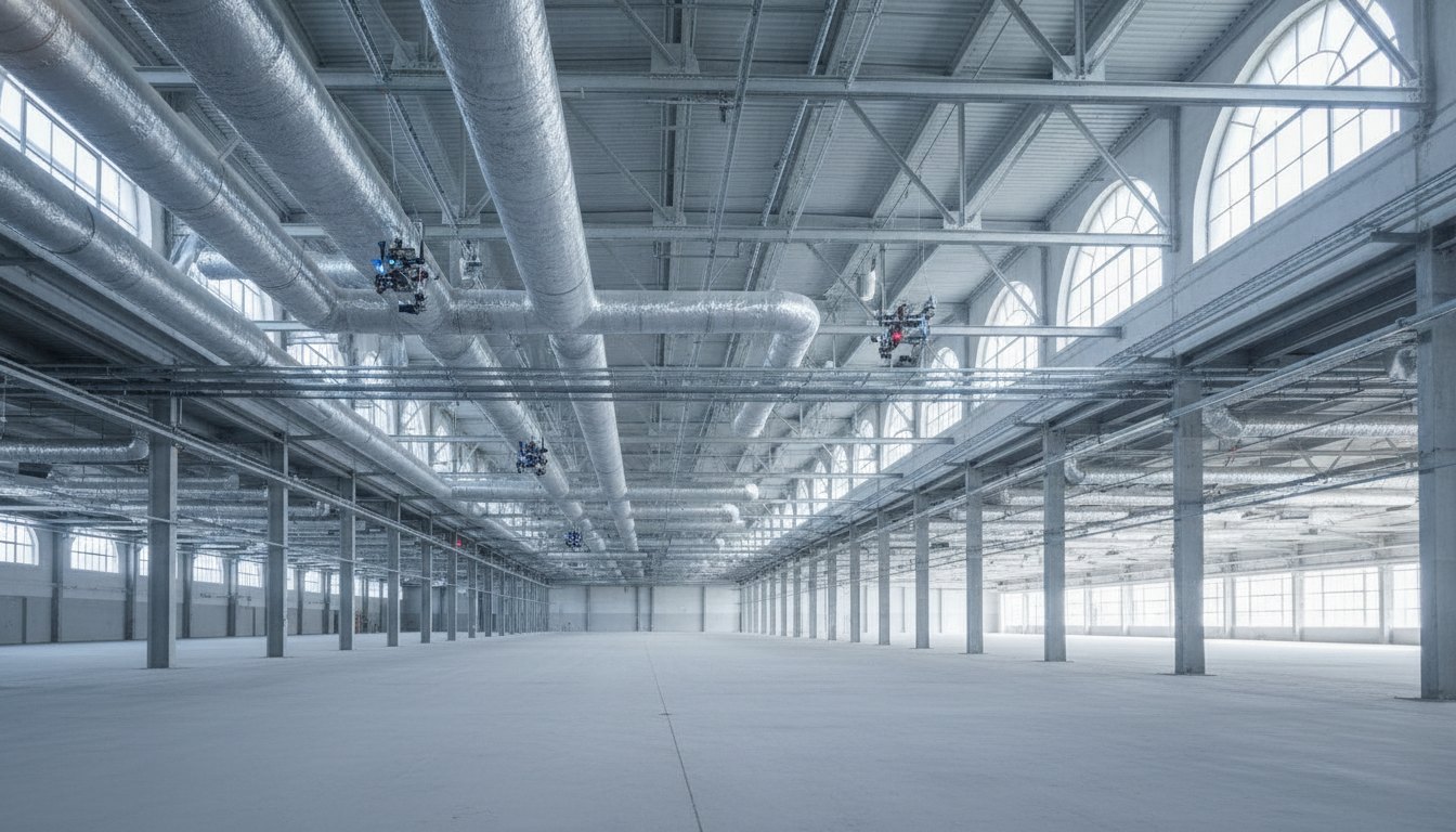 Técnicos inspecionando dutos de ventilação no teto de um grande pavilhão de exposições vazio.