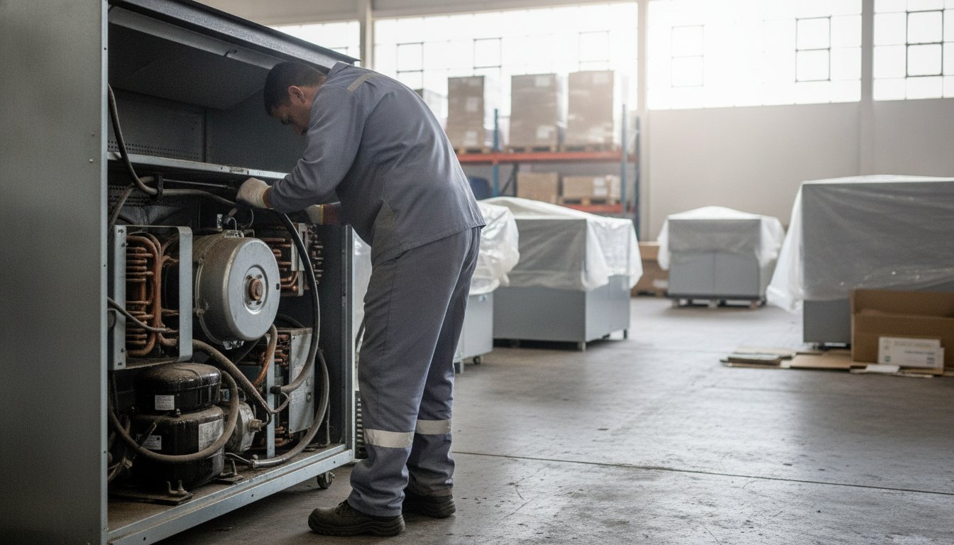 Técnico de uniforme inspecionando o motor traseiro de uma geladeira expositora nos bastidores do pavilhão.