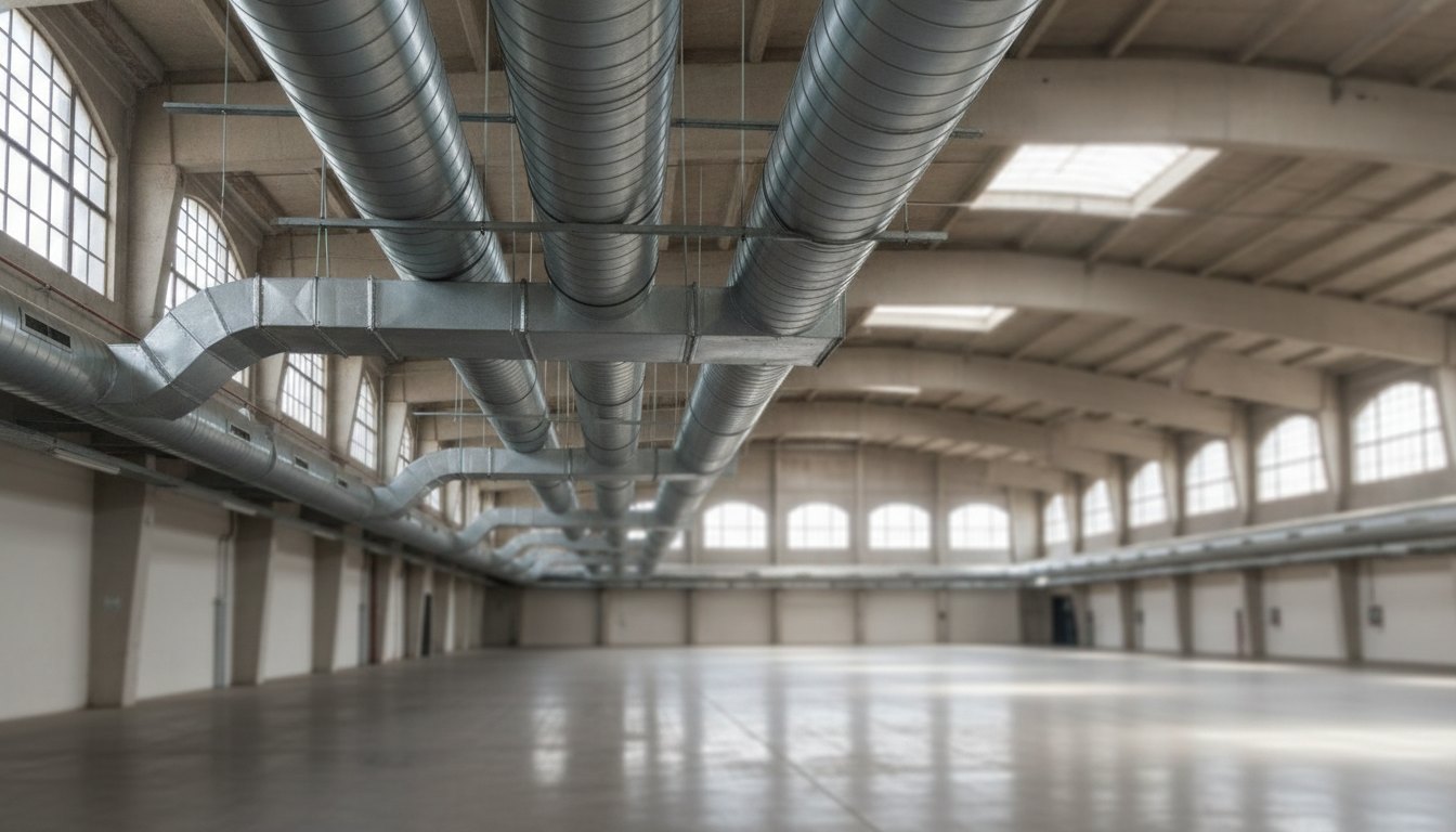 Dutos metálicos de ventilação instalados no teto de um grande pavilhão vazio de exposições.