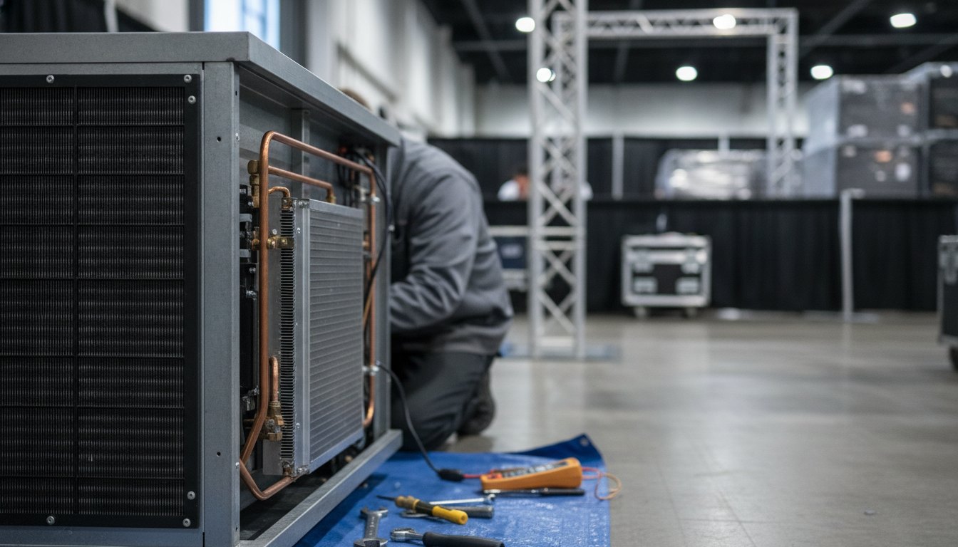 Técnico inspecionando o painel traseiro de uma geladeira comercial nos bastidores de um pavilhão.