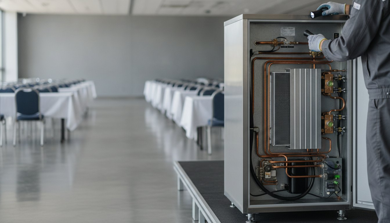 Técnico examina a parte traseira de um refrigerador comercial em um pavilhão de eventos corporativos.