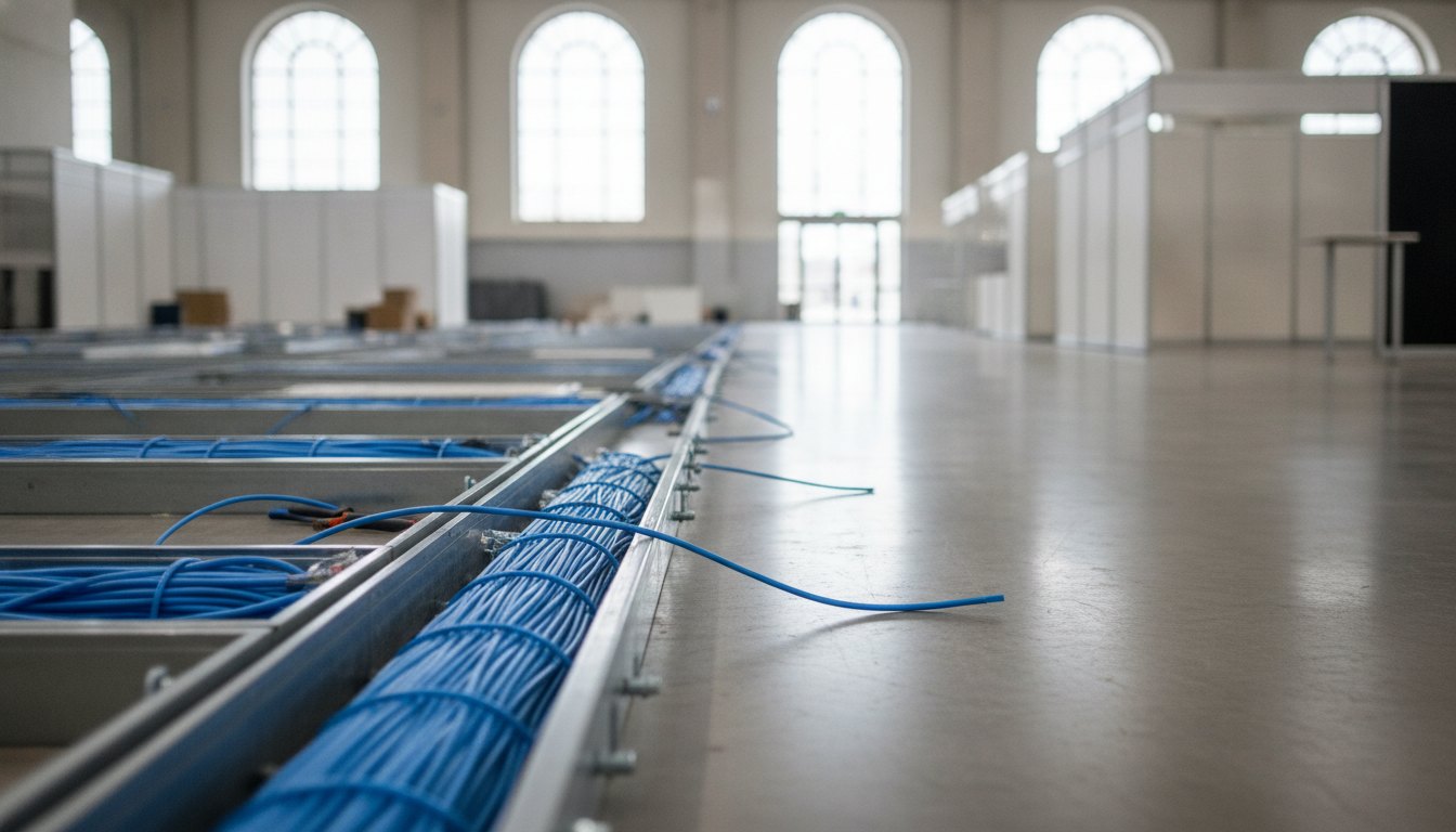 Técnicos passam cabos de rede azuis em canaletas de metal no piso de um pavilhão.