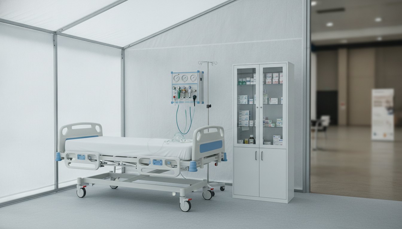 Maca hospitalar, painel de oxigênio e armário de medicamentos dentro de uma tenda branca montada.