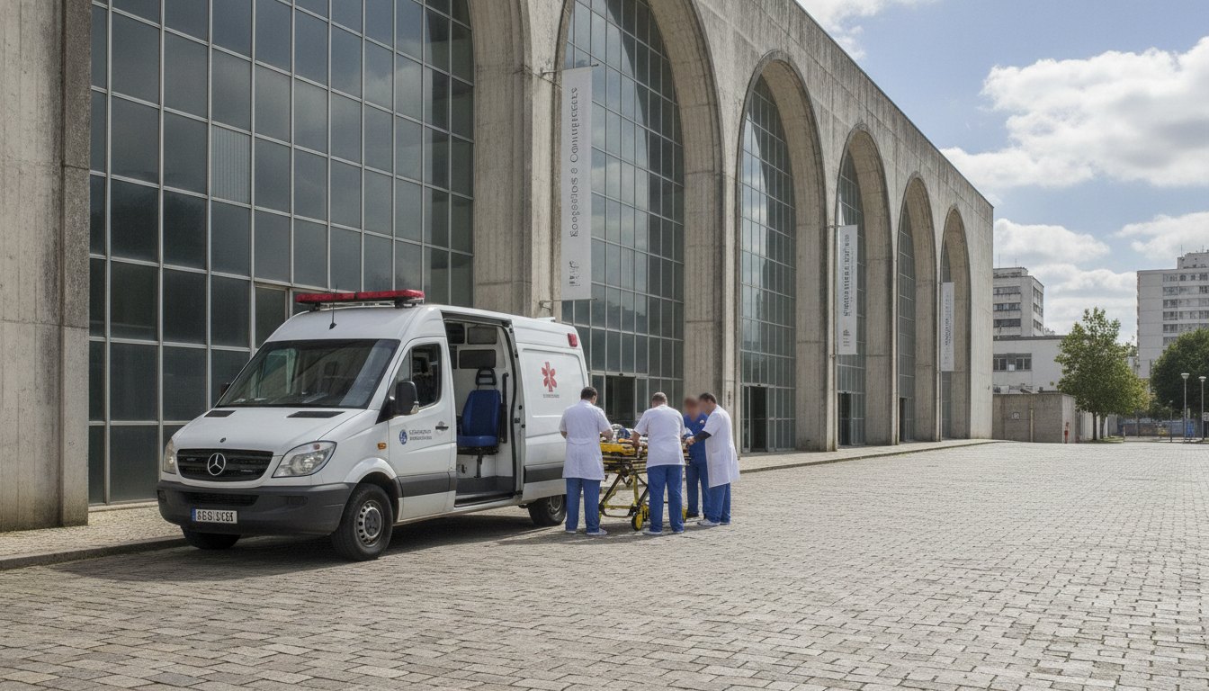 Ambulância estacionada próxima à entrada lateral de um pavilhão de feiras com equipe médica a postos.