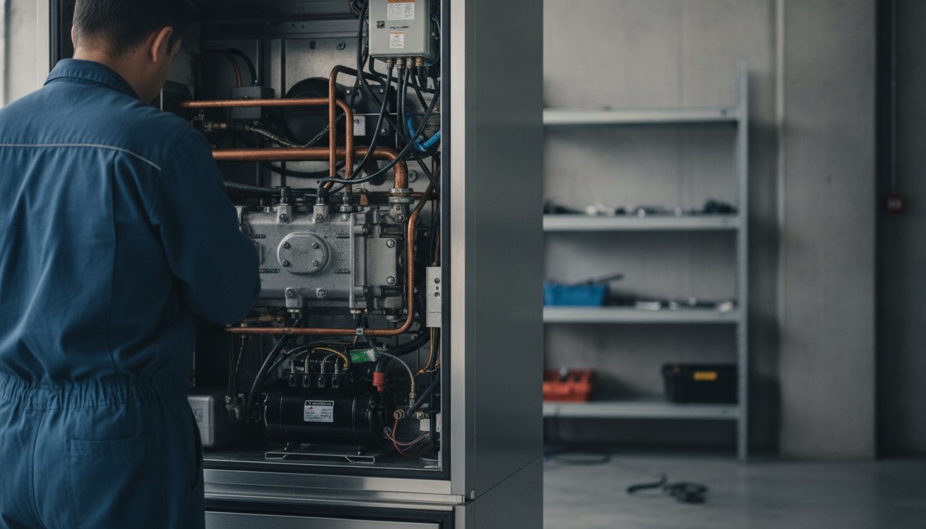 Técnico com uniforme de serviço inspecionando o motor de um refrigerador comercial nos bastidores do evento.