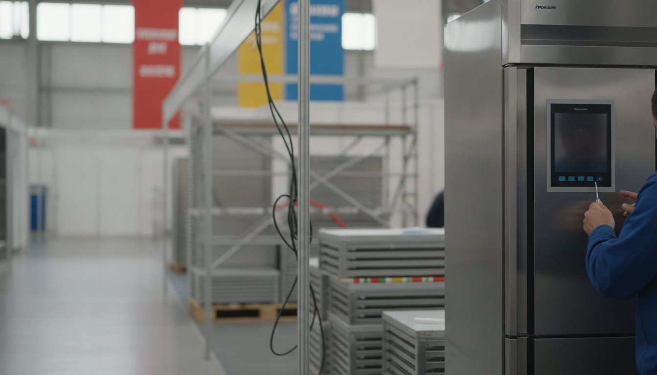Técnico inspeciona o painel digital de um refrigerador comercial nos bastidores de um pavilhão de feiras