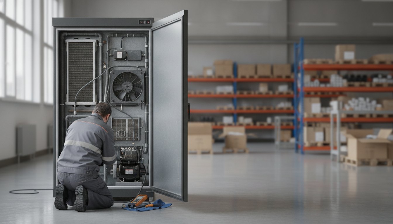 Técnico uniformizado inspecionando o painel traseiro de um refrigerador comercial em uma área de apoio.