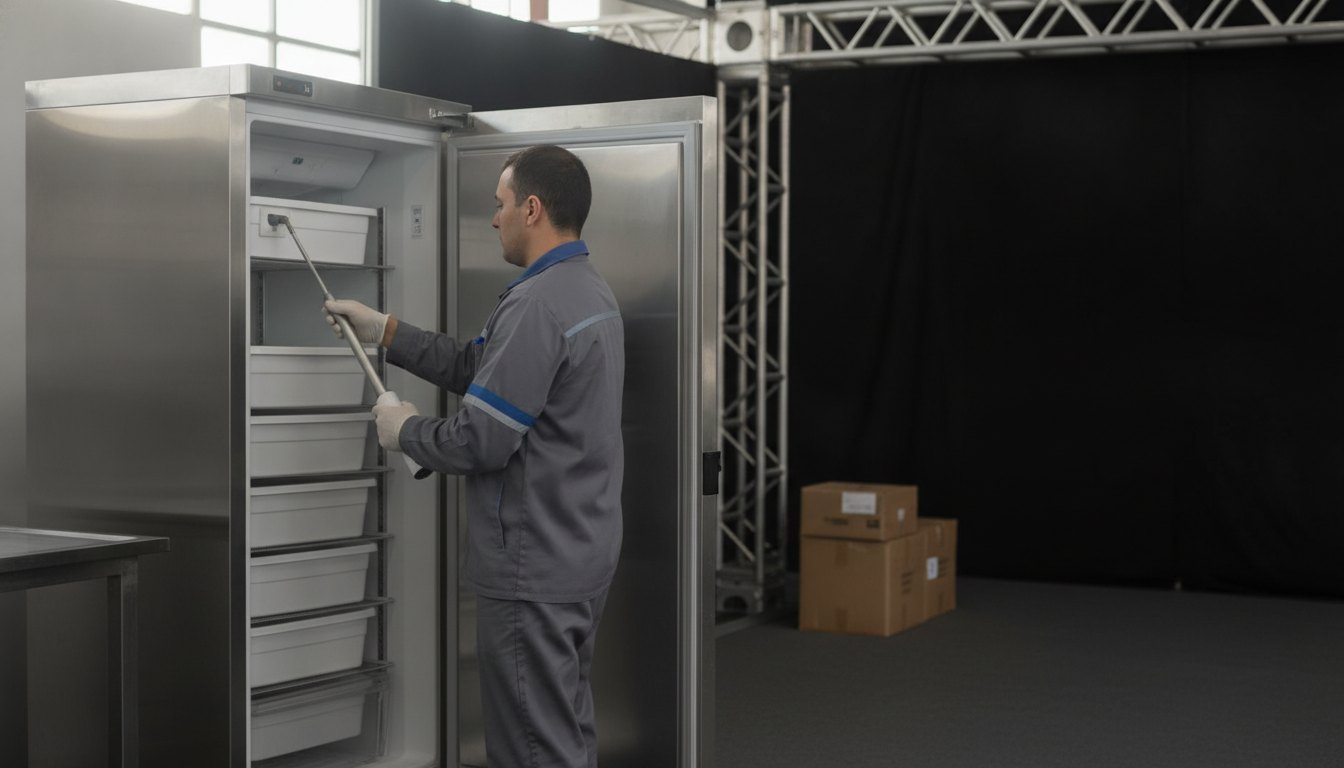 Técnico uniformizado aferindo a temperatura interna de um refrigerador comercial nos bastidores de um estande.