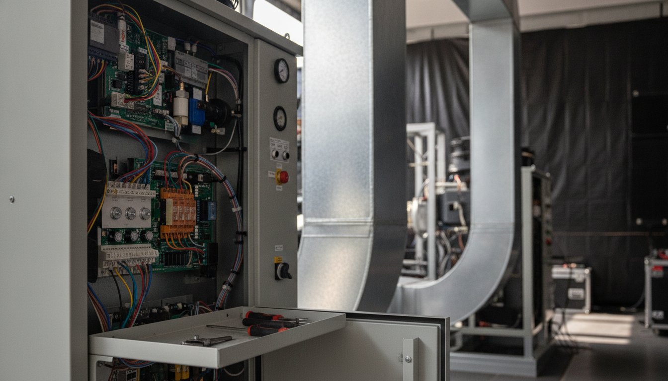 Técnicos inspecionam o painel de um equipamento de ar condicionado industrial nos bastidores de um evento.