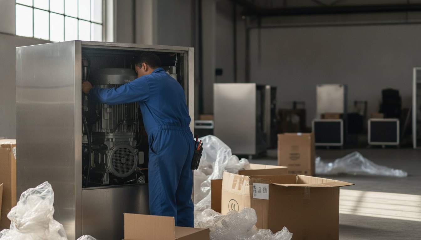 Técnico com uniforme ajustando o motor de um refrigerador comercial nos bastidores de um pavilhão.