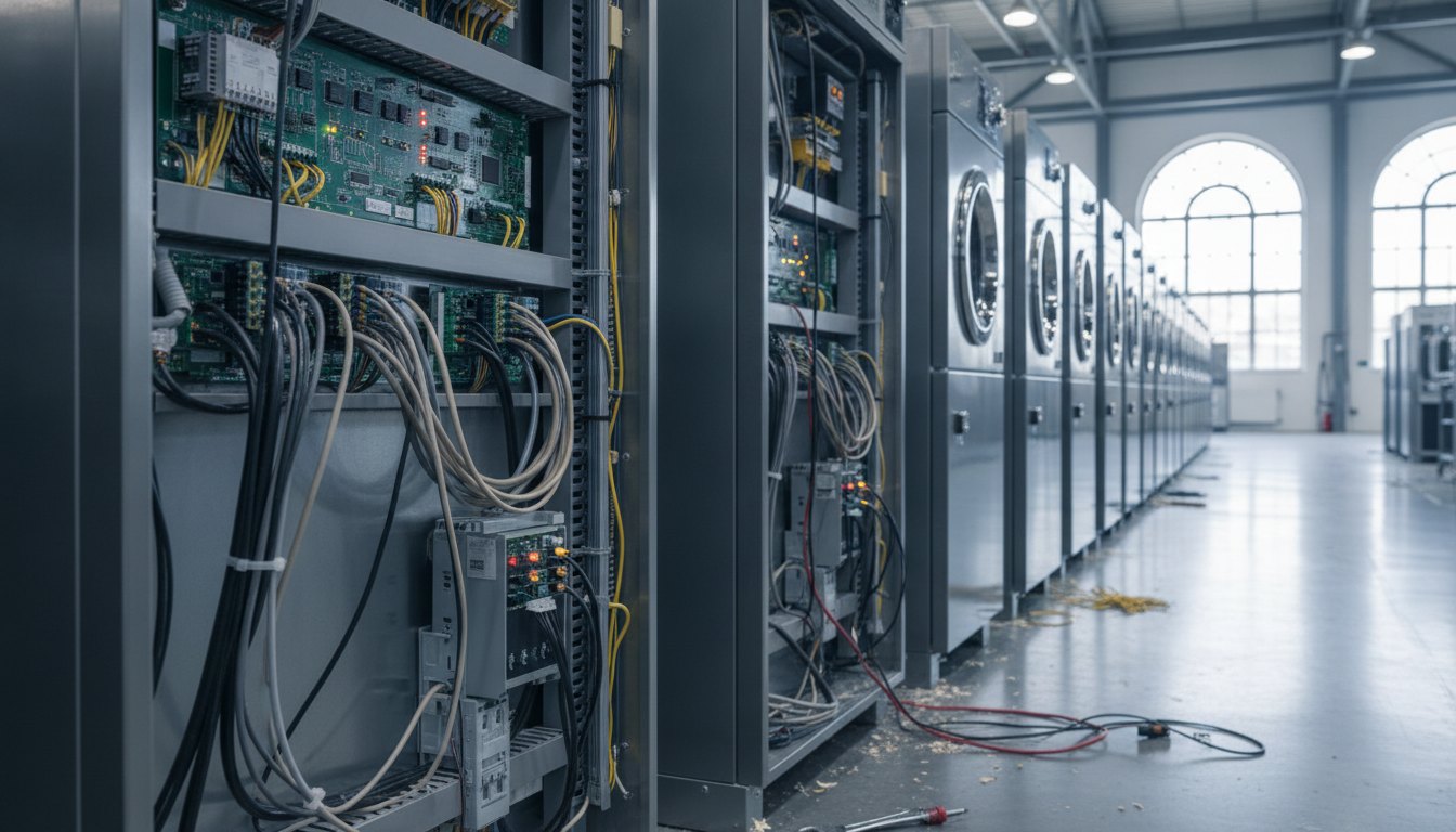 Técnicos inspecionando conexões elétricas de geladeiras e lavadoras industriais nos bastidores de um pavilhão.