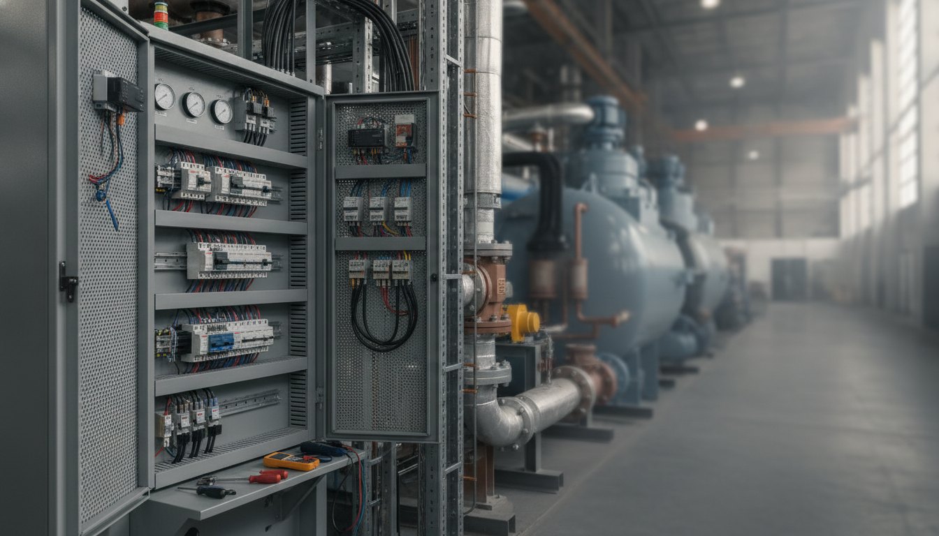 Técnicos inspecionam o painel de um equipamento de refrigeração nos bastidores de um grande pavilhão.