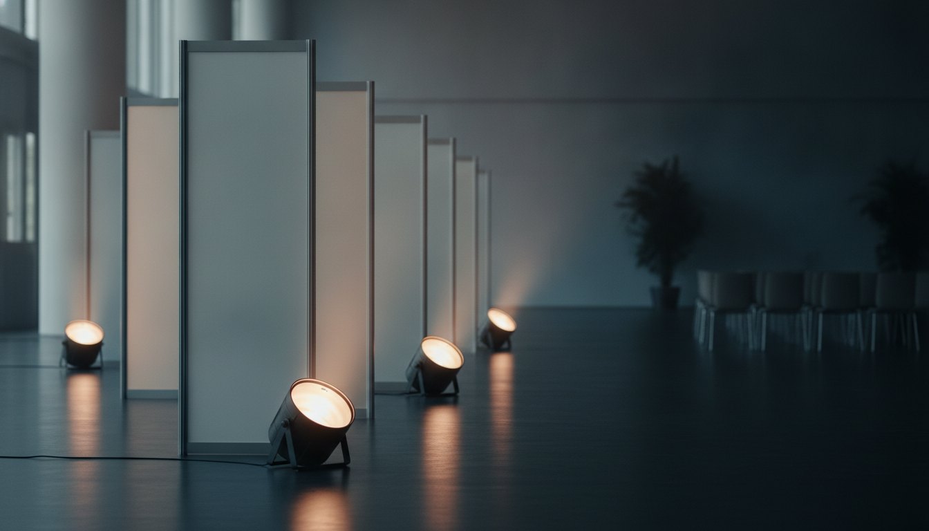 Refletores direcionados para painéis corporativos em um evento com luzes suaves sobre o piso escuro.