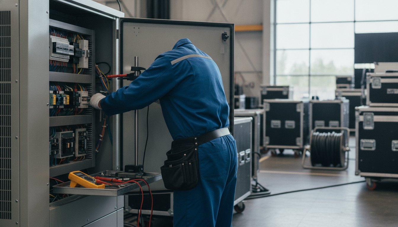 Técnico inspecionando o painel de um equipamento de ar-condicionado nos bastidores de um evento.