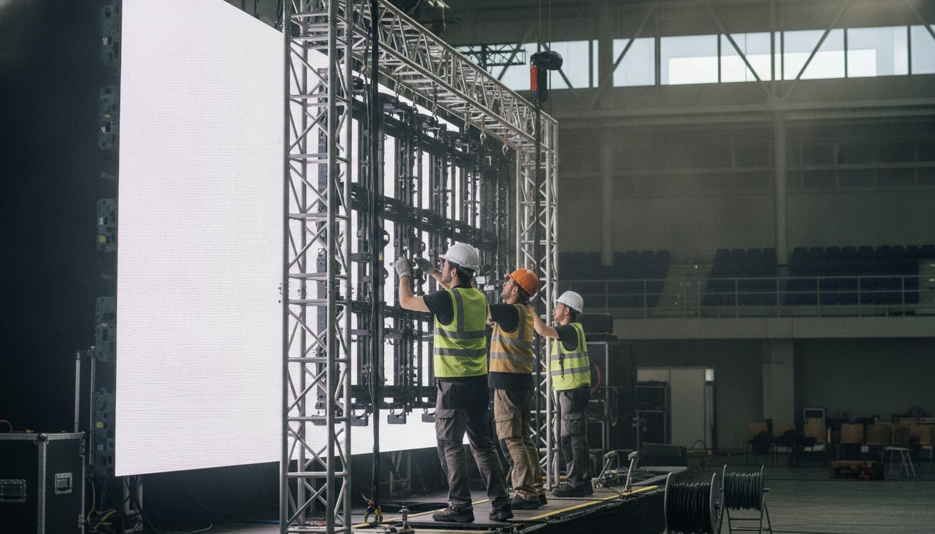 Operadores com capacetes ajustando estrutura metálica de fixação atrás de um grande telão brilhante.