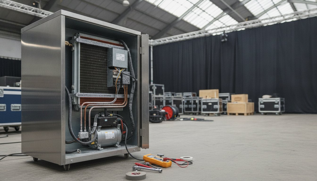 Técnicos inspecionando o painel traseiro de um refrigerador comercial nos bastidores de um pavilhão de eventos.