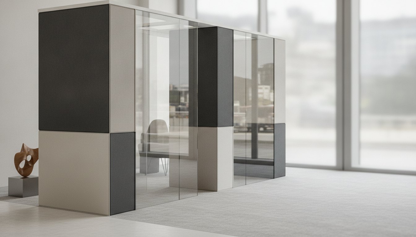 Estande de feira com painéis de vidro acústico e divisórias modulares estofadas ao redor.