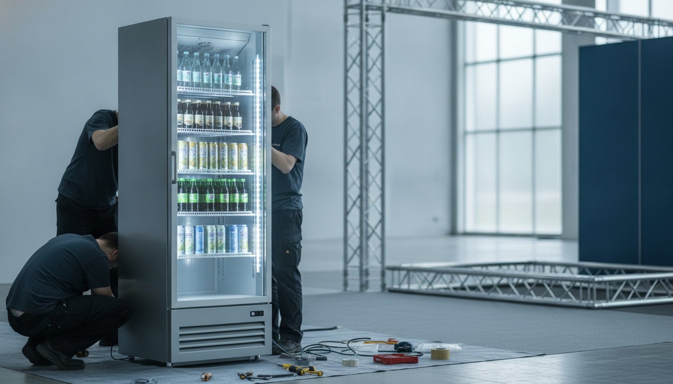Técnicos ajustam expositor vertical de bebidas nos bastidores da montagem de um pavilhão de eventos.