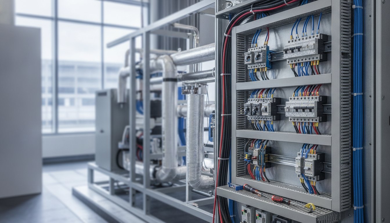 Técnicos inspecionam painel de controle e conexões elétricas nos bastidores de um estande.