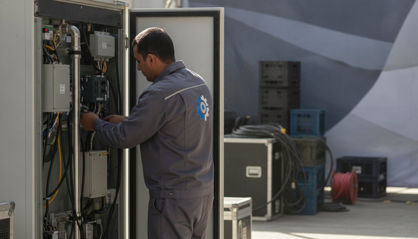Técnico uniformizado ajustando os componentes traseiros de um refrigerador industrial nos bastidores de um evento.