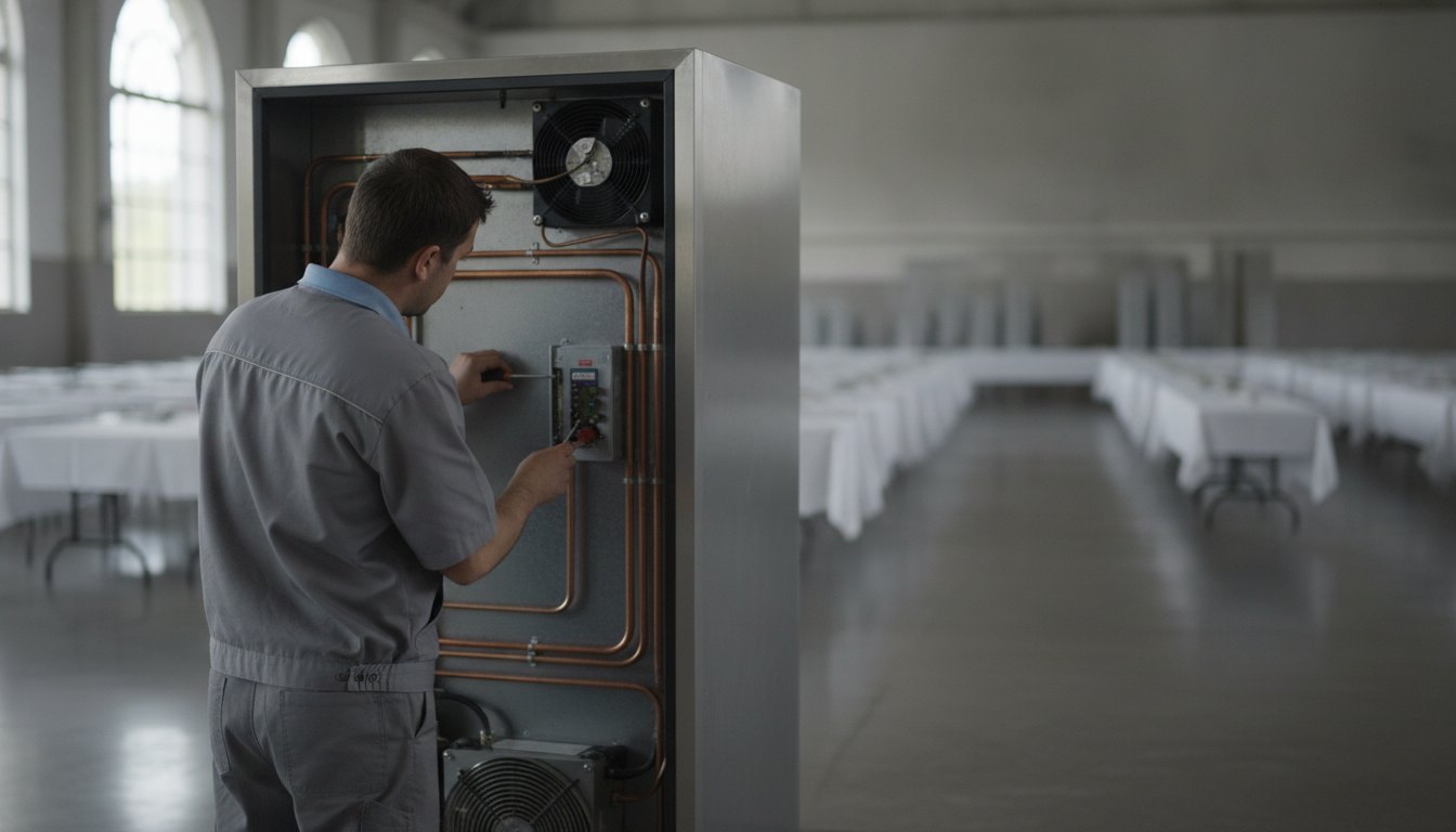 Técnico uniformizado inspeciona o painel traseiro de um refrigerador comercial em pavilhão de eventos.