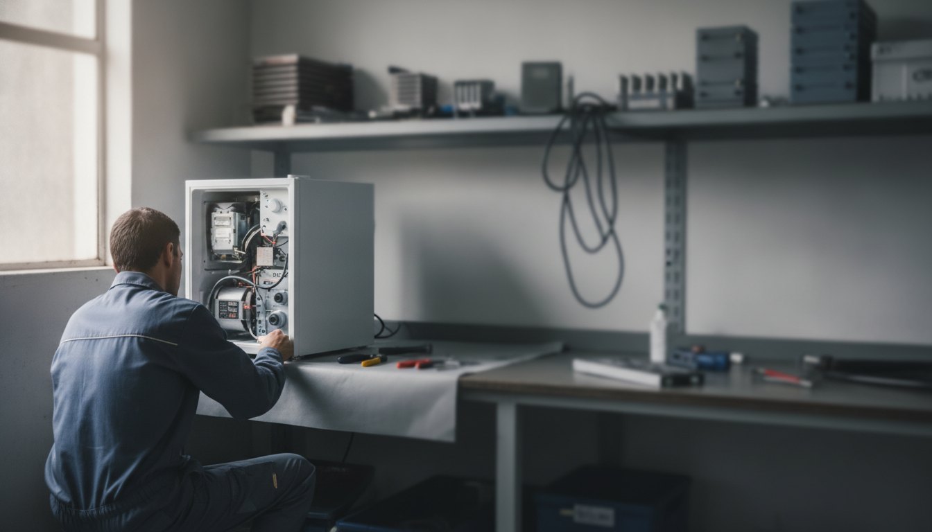 Técnico agachado inspecionando o motor de um frigobar branco em uma sala de apoio