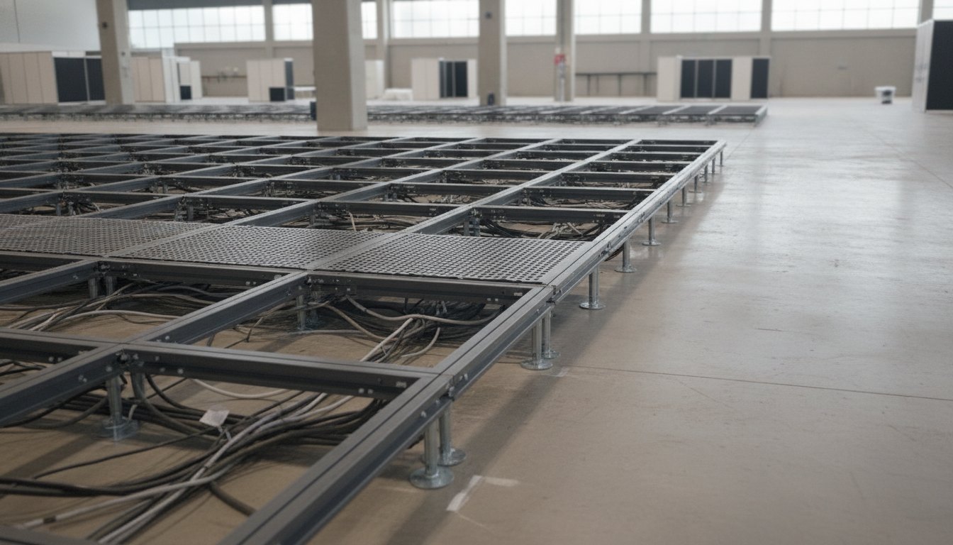 Estrutura metálica de piso modular montada no pavilhão com cabos passando por baixo.