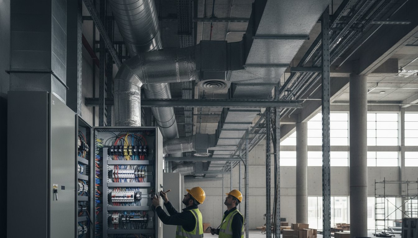Técnicos inspecionando um painel elétrico e dutos de ventilação nos bastidores de um pavilhão de exposições.