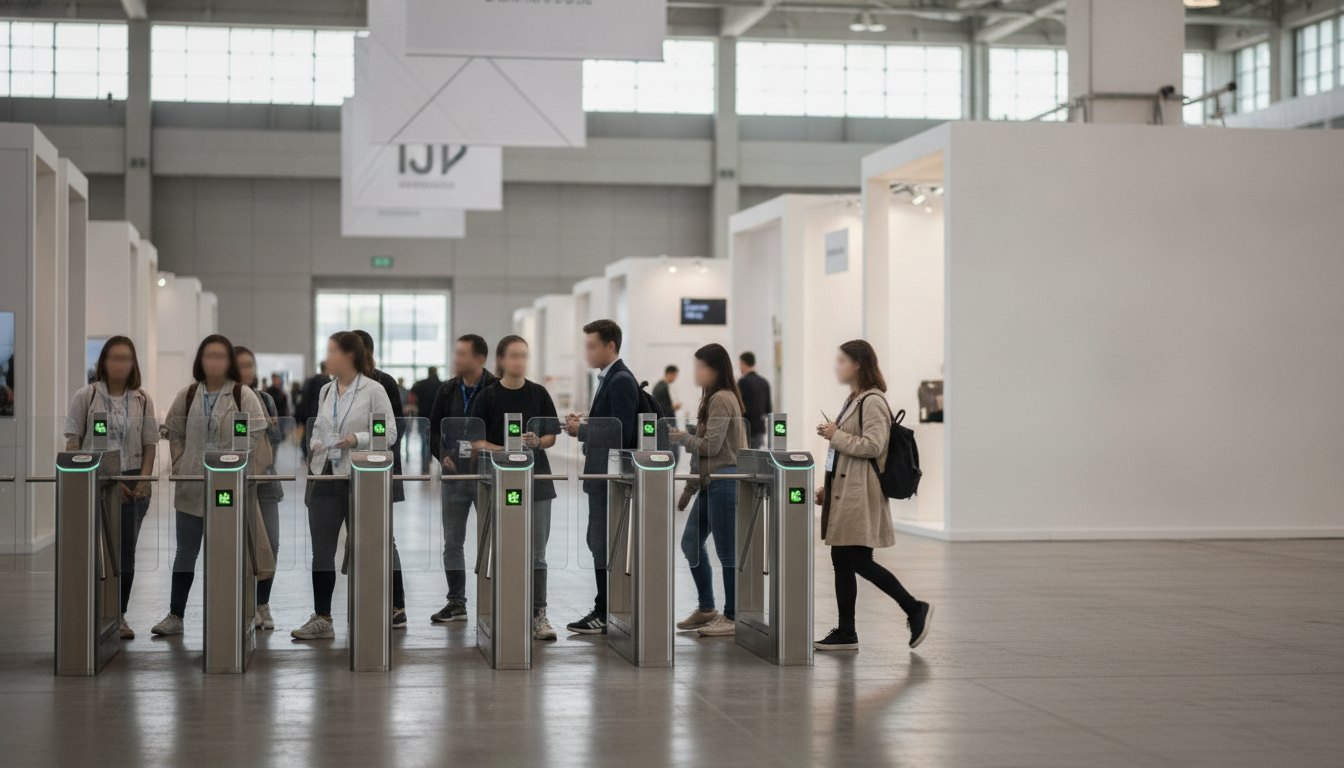 Pessoas em fila organizada passando por catracas eletrônicas na entrada de um grande pavilhão iluminado.