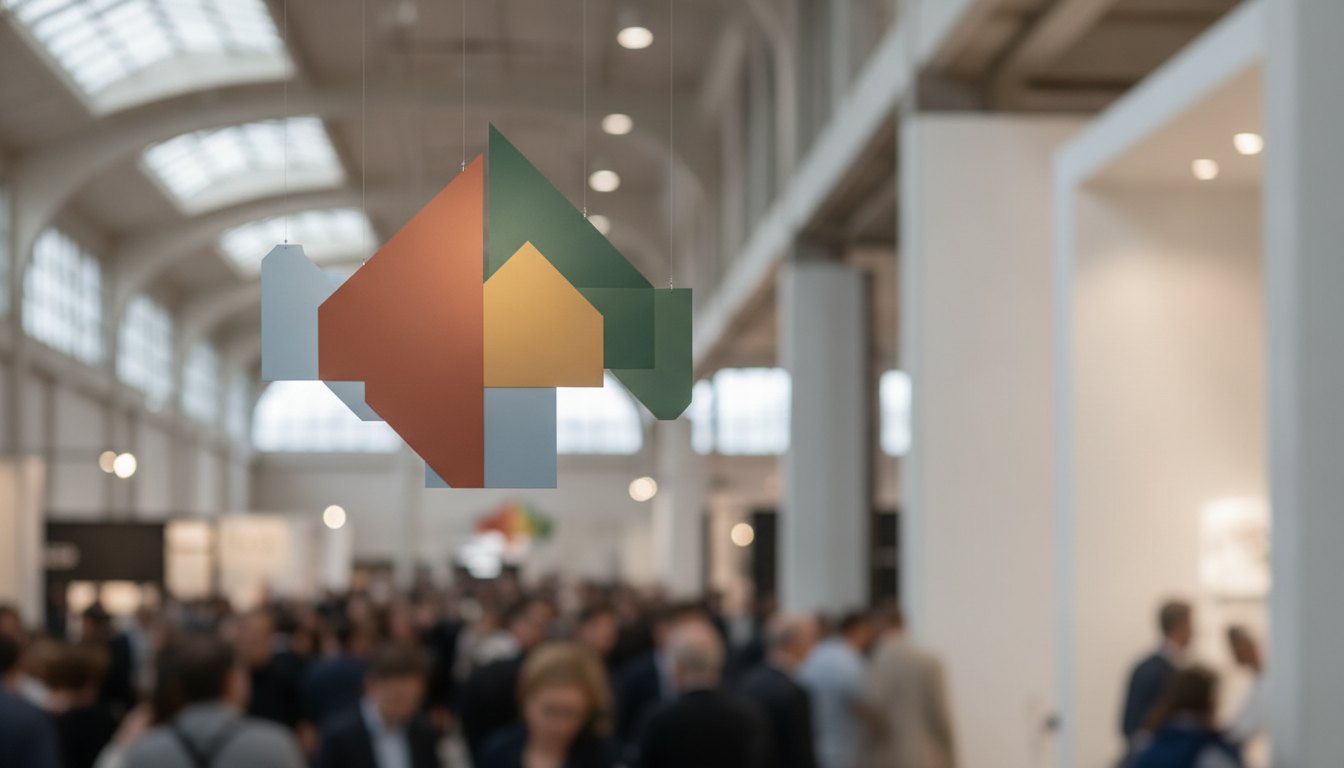 Placas suspensas coloridas indicando corredores e estandes acima da multidão em um pavilhão de exposições.