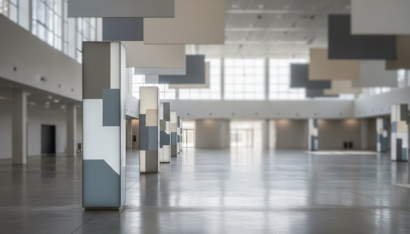 Pessoas caminhando em um amplo pavilhão iluminado com totens informativos e placas suspensas nos corredores.