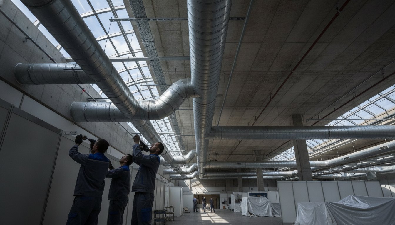 Técnicos de uniforme ajustam dutos de ventilação metálicos no teto de um pavilhão de exposições.