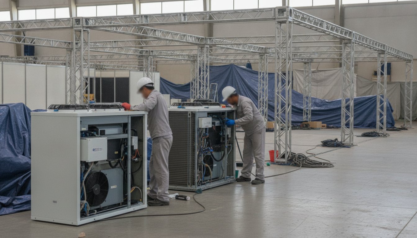 Trabalhadores limpando equipamentos de refrigeração em um pavilhão com estandes em montagem.