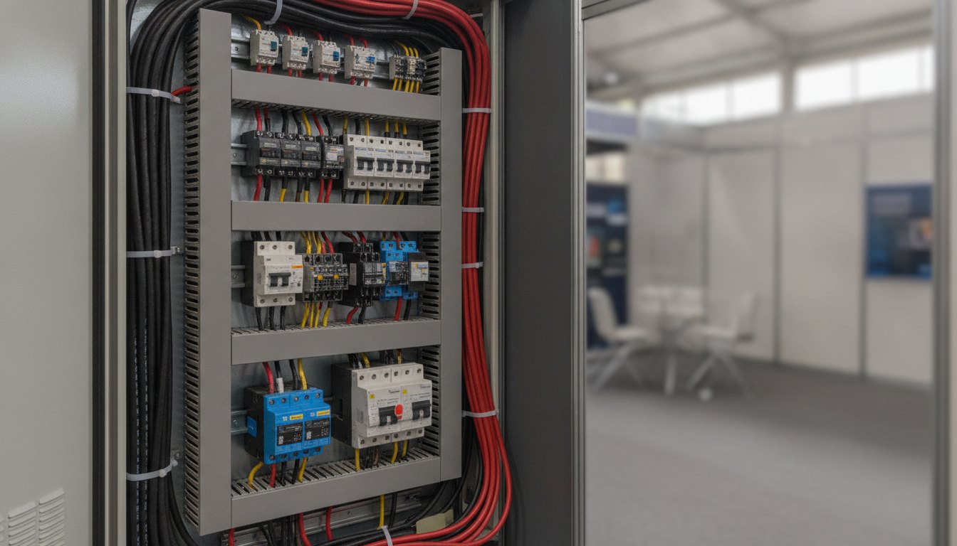 Quadro de energia de um estande com cabos conectados e disjuntores industriais