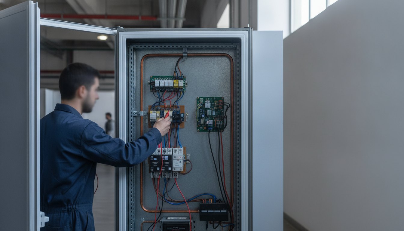 Técnico inspeciona o painel interno de um refrigerador comercial nos bastidores de um pavilhão.