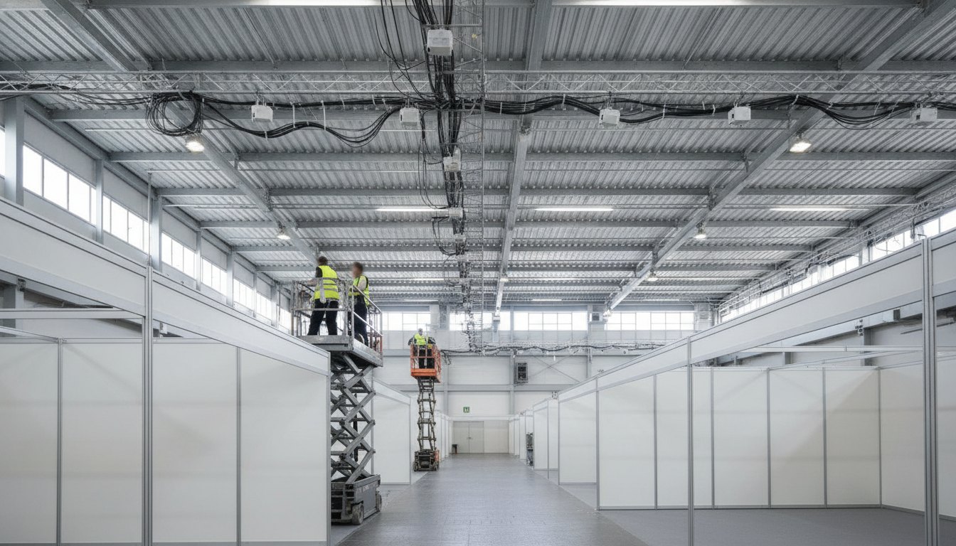 Técnicos instalam roteadores e cabos de rede no teto metálico de um grande pavilhão de exposições.