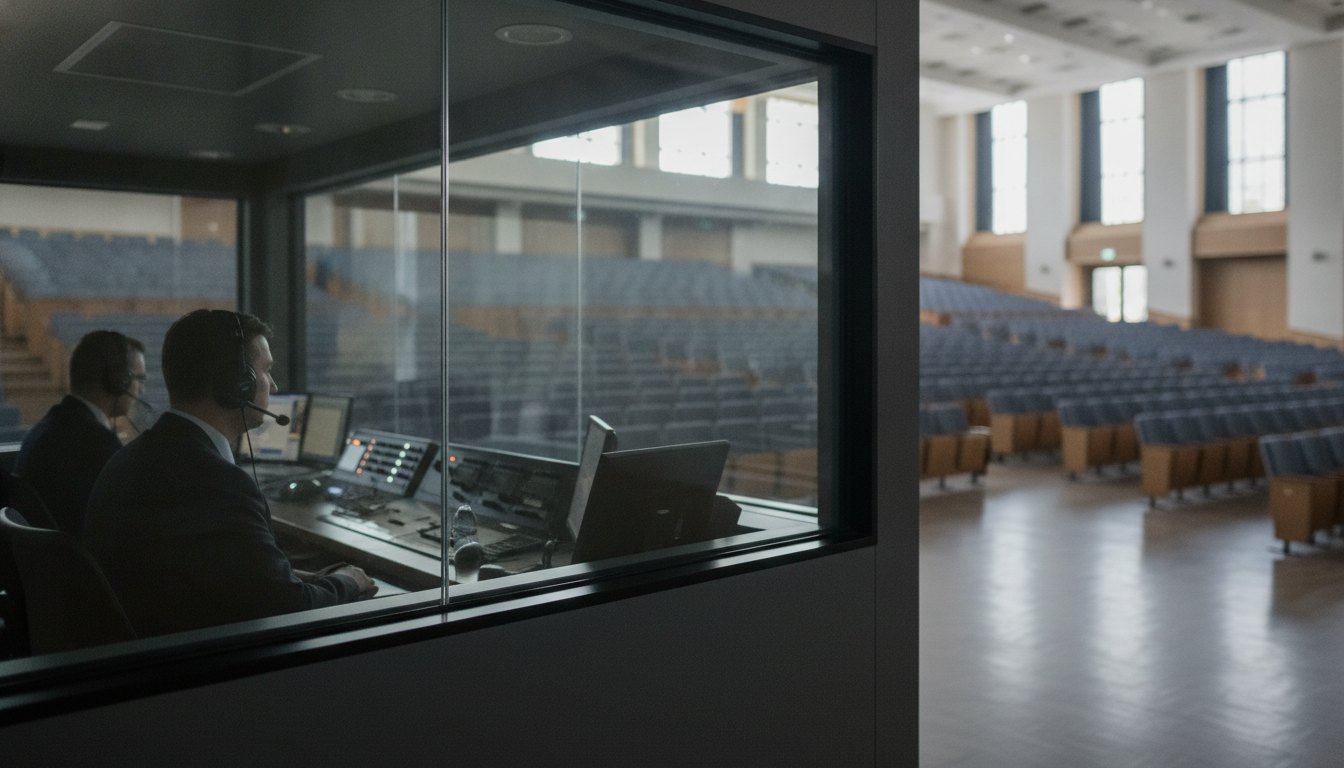 Cabine fechada de vidro com intérpretes usando fones de ouvido diante de uma plateia em auditório.