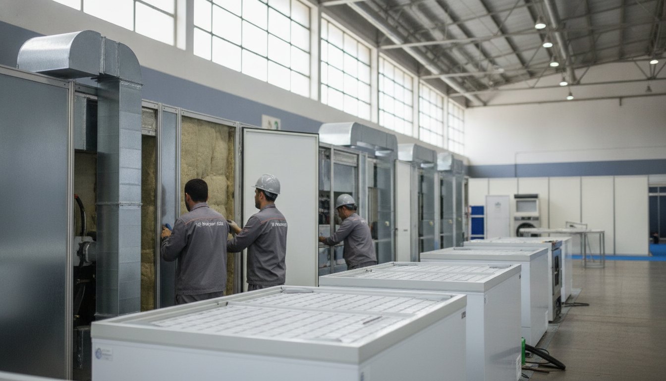 Técnicos ajustam dutos de ar-condicionado e painéis de freezers comerciais em um pavilhão de exposições.
