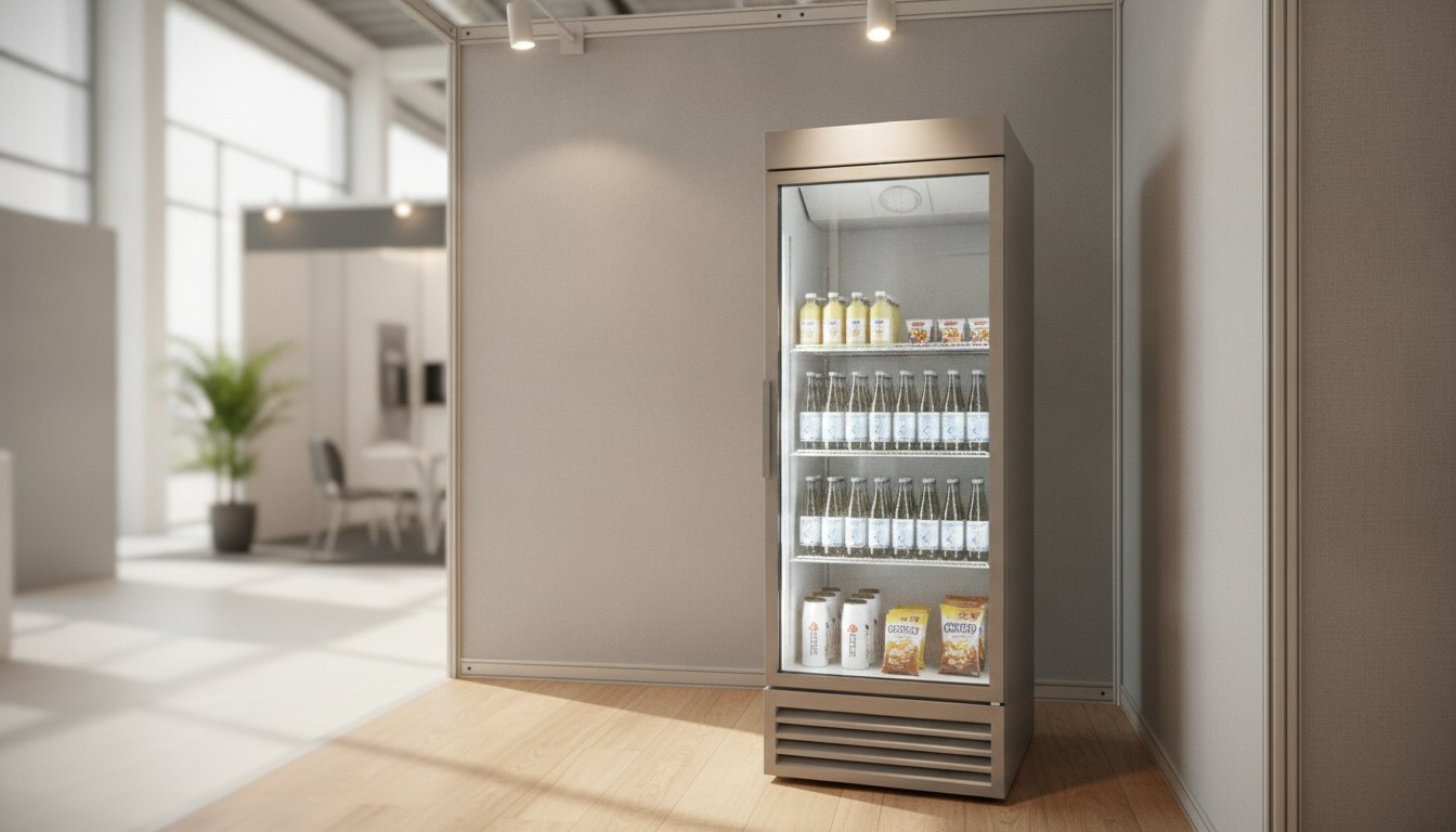 Geladeira comercial de porta de vidro no canto de um estande com luzes direcionadas.
