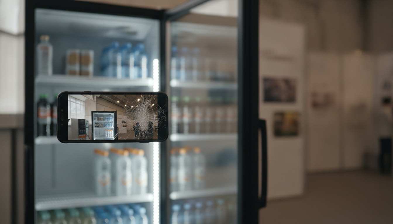 Promotor de feira segura um smartphone com a tela trincada em frente a um refrigerador expositor.