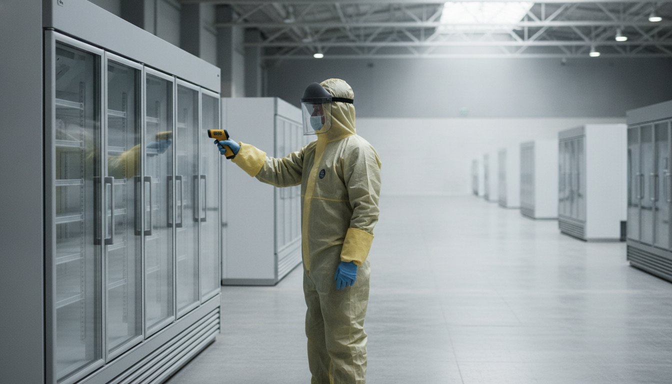 Técnico com equipamento de proteção medindo a temperatura de um refrigerador comercial em um pavilhão vazio.