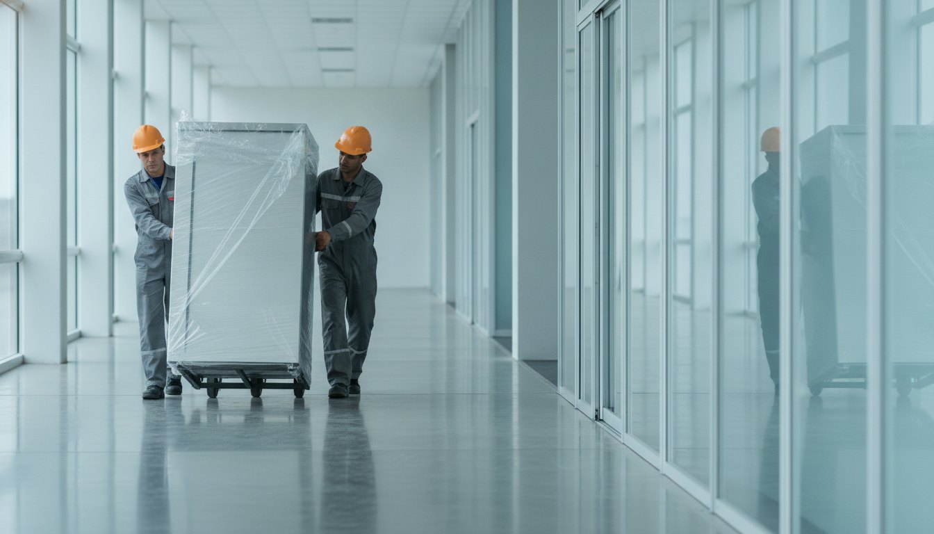 Equipe técnica transportando um refrigerador comercial com carrinho de mão em um corredor de pavilhão de eventos.