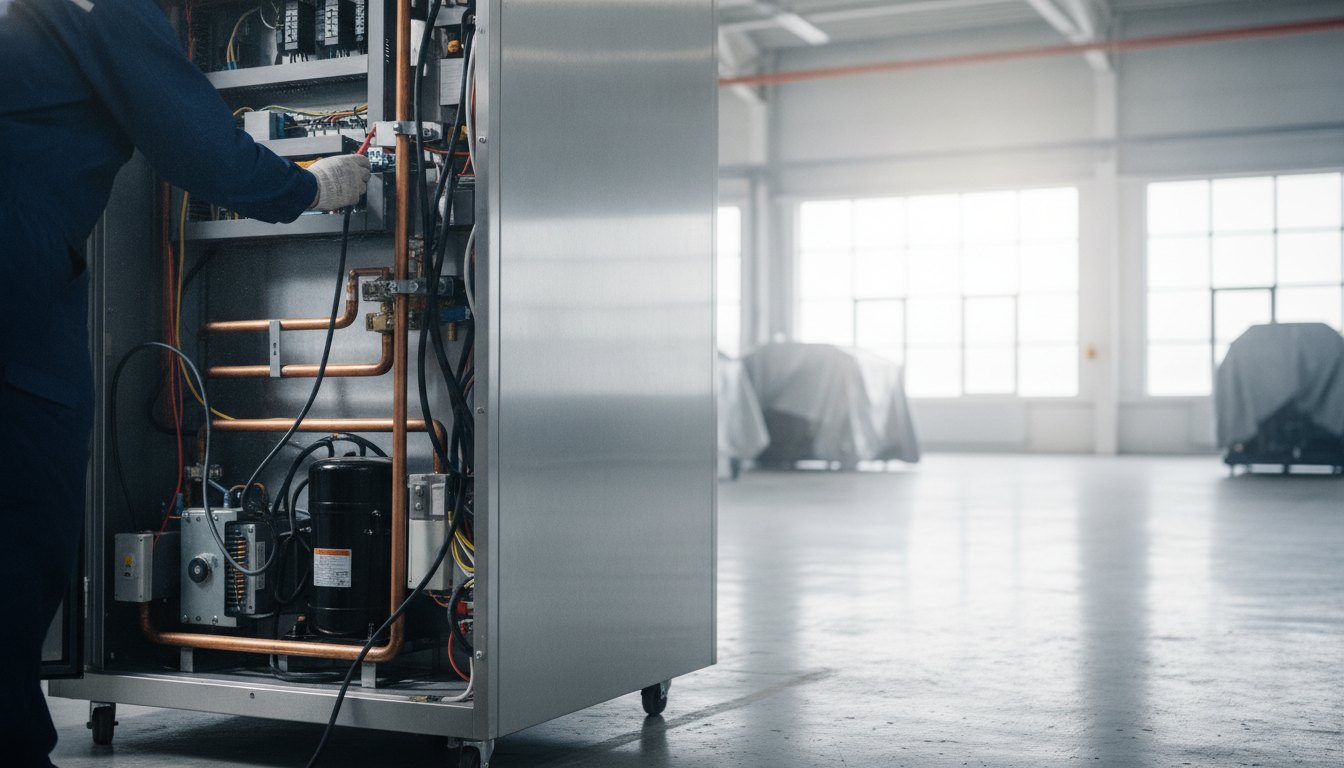 Técnico inspecionando o painel traseiro de um refrigerador comercial em um pavilhão.