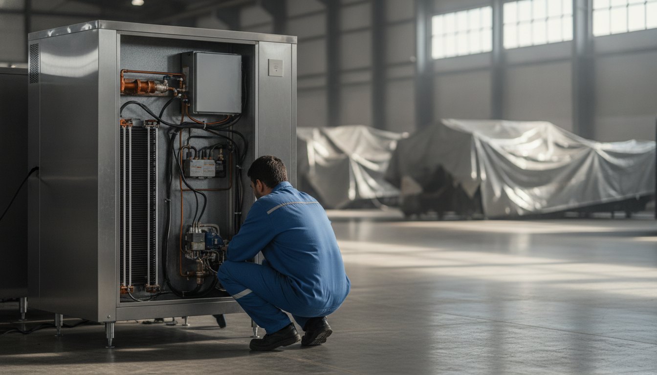 Técnico com uniforme inspeciona a parte traseira de um refrigerador comercial em um pavilhão.